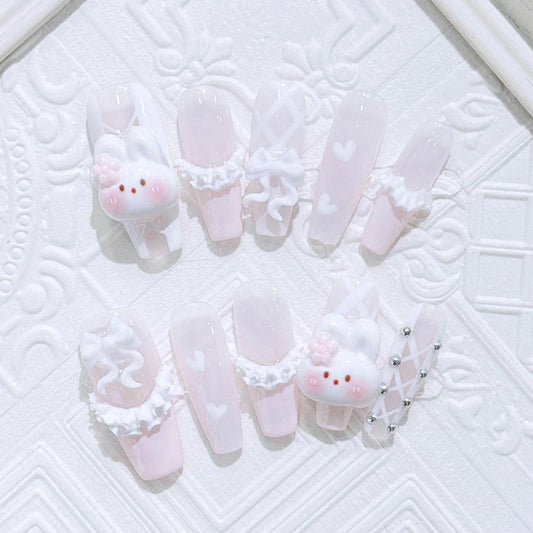10pcs Handmade Press On Nails Light Pink French Style White Long Coffin False Nails Cute 3D Rabbit Designs Sweet Fake Nail Tips