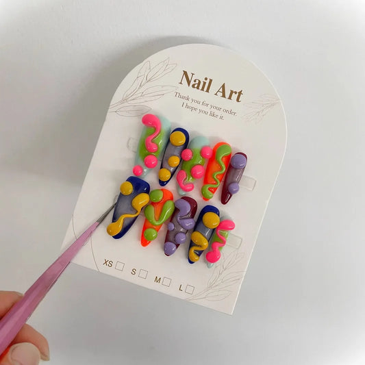 Handmade Colorful Press on Nails 3D Long Almond Shaped Fake Nail Tips Wearable Full Cover European False Nail Tips