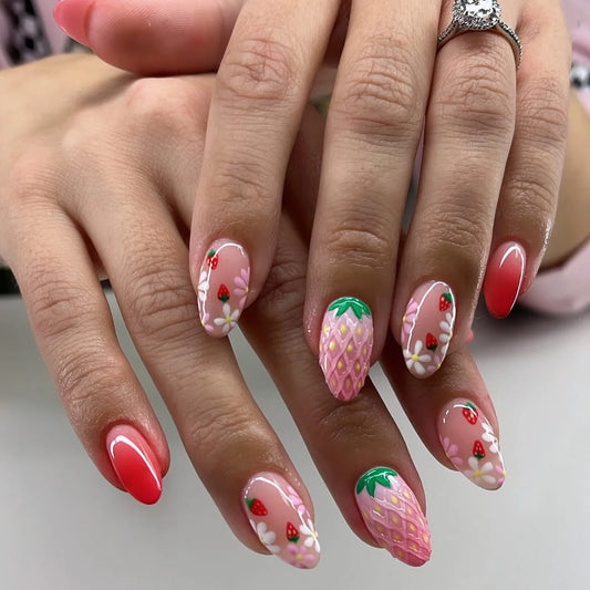 24Pcs Mid-length Round Head Nails Set Press on With Red Blue Design Fake Nails Flowers Leaves Pattern Almond False Nail Tips Art