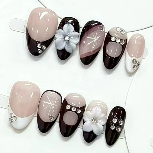 24pcs Flower Black French Fake Nails Tips with Rhinestone Decor Design Almond Press on Nails Art Detachable Fashion False Nail
