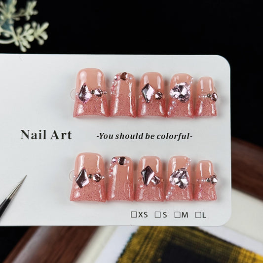 10pcs high-end Pink girl style, hand-painted three-dimensional rhinestones, fine glittering sequins handmade fake nails