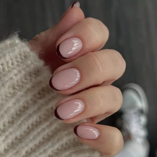 French Nude Pink Dark Red Edge Simple Round Fake Nails Art Almond False Nails Charms Glitter White Square Pointed Press on Nails