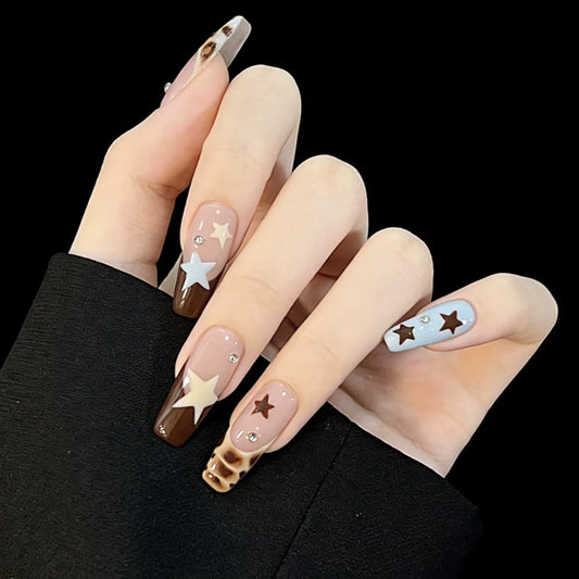 24pcs Y2k Colorful Stars Designs Press On Nails Chocolate Brown French Style Sweet Cool False Nails Medium T Ins Fake Nail Tips