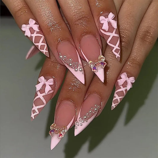 24pcs Pink French Stiletto Fake Nails Tips Sweet Bow Pearl Design Long Almond False Nails for Women Girl Wearable Press on Nails