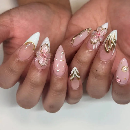 24pcs French Fake Nails Flower Long Almond Full Cover Nail White Tips Stiletto False Nail Detachable Spicy Girl Press on Nails