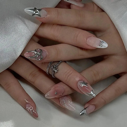 24pcs Cat's Eye Press on  Nails Tips Pearl Starlight Bow Design Short Almond False Nails Art Wearable Ins Oval Fake Nail Sets