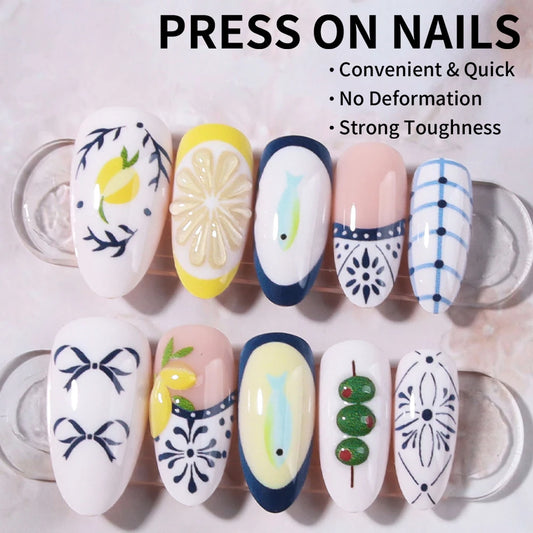 24Pcs White Orange Fish Flowers French Almond PressOn Nails Fit Perfectly Medium Length Design Acrylic Fake Na