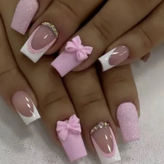 24pcs Press on Nails Short Almond Bowknot Black Press on Nails White Pearl Sweet French Tip Press on Nails Cute Nail Artificial
