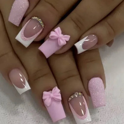 24pcs Press on Nails Short Almond Bowknot Black Press on Nails White Pearl Sweet French Tip Press on Nails Cute Nail Artificial