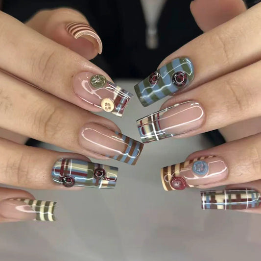 24pcs Autumn Retro Coffin Fake Nails Blue and Brown Strip Printed Press on Nail European Spice Girls Wearable False Nails