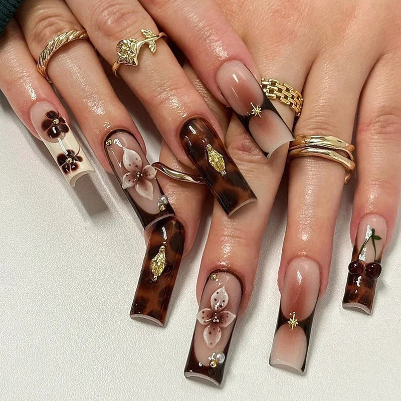 24Pcs Pink Long Ballet Coffin False Nails Butterfly Flower with French Design Wearable Fake Nails Glitter Press on Nail Tips Art