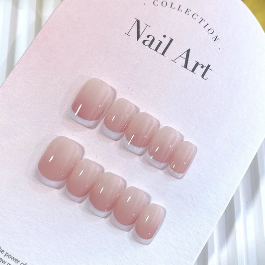 10pcs Pink French Handmade Nails Short French Style Handmade Wear Nail for Women & Girl Whitening Nail Stickers False Nail