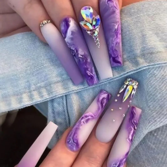 24Pcs Long Coffin False Nails with Purple Gradient Design Press on Fake Nails Rhinestone Wearable Finished Full Cover Nails Tips