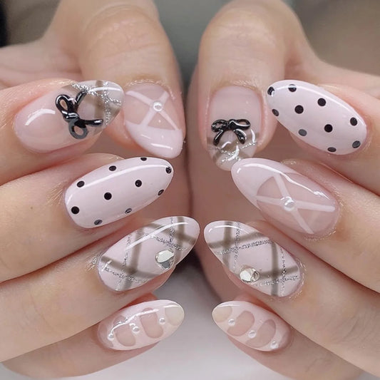 24Pcs Mid-length Almond Fake Nails Pink Brown Polka Dot Lace French Press on False Nails 3D Bow Pearl Wearable Manicure Tips Art