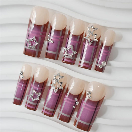24Pcs Y2K Girls Long Coffin Press On Nails Purple Plaid Printed French Fake Nails Alloy Star Designs Charm Manicure for Women