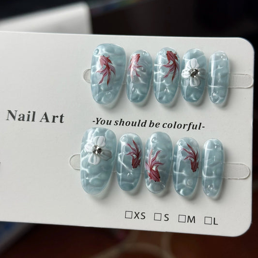 10pcs high-end Watercolor hand-painted koi fish, retro Chinese style, water ripple cat's eyes handmade fake nails
