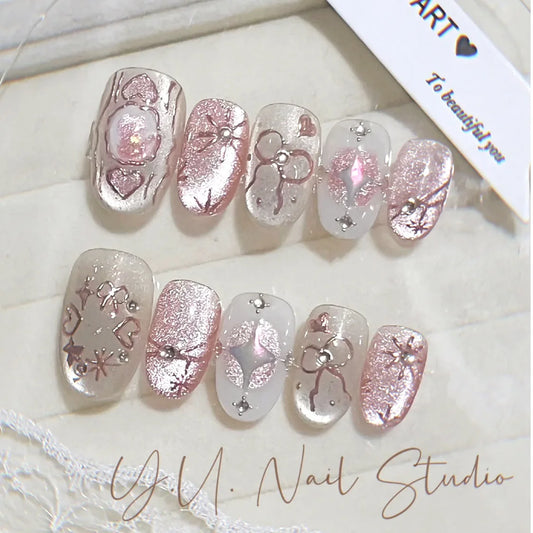 24pcs Aurora Nails Tips Love Bow Design Pink Short Oval False Nail Art Rhinestone Cat's Eye Almond Fake Nail Sets Press on Nails