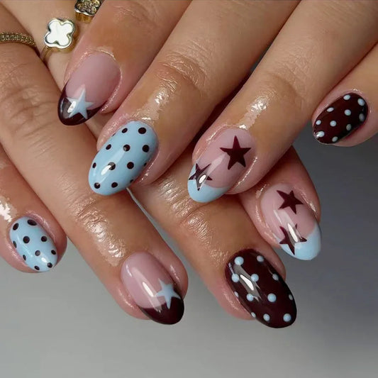 24Pcs Short Round Head Fake Nails Press on French Blue Brown Polka Dot False Nails Star Wearable Finished Full Cover Nails Tips