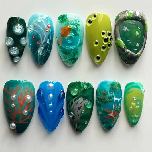 10pcs Handmade Press On Nails Summer Ocean Underwater World Style False Nails Clossy Almond Sweet Coolf Fake Nail For Spicy Girl