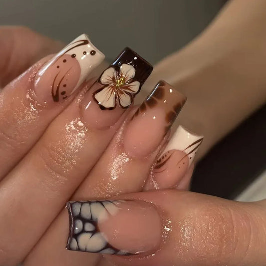 24Pcs Mid-length Square French False Nails Press on 3D Flower Crocodile Grain Design Fake Nails Detachable Full Cover Nails Tips