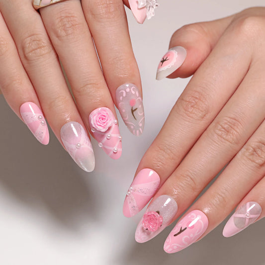 24pcs French Cute Fake Nail Sweet Pink 3D Flowers Bowknot Design Almond False Nail Patch Korean Style Press on Nails for Girls
