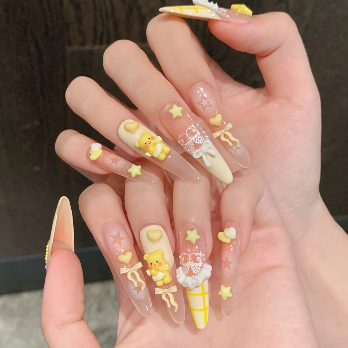 10pcs Handmade Press On Nails Kawaii Yellow Bear Bowknots Star Decor Y2k Fake Nails Blush Almond French Tips Ballet False Nail