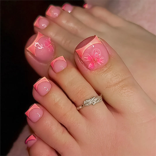 24pcs Charming Flower Pattern Press On Nails For Foot Vitality Orange French Style False Toenails Pink Short Square Fake Toenail