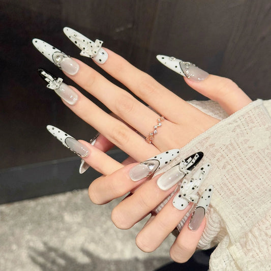 10PCS Stiletto Handmade Press On Nails,Black And White Polka-Dot Ribbon French Bow,Suitable For Festivals Parties And Daily Wear