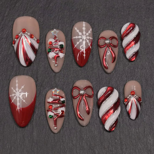 24pcs Gilded Almond False Nails Art Fashion Bow Pearl Diamond Design Stick on Nail Christmas Tree Red White Press on Fake Nails