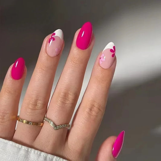 24pcs Short Oval French Fake Nails Flower Designs Press on Nails Almond Detachable Glossy Fake Nails Tips Full Cover Nail Tips