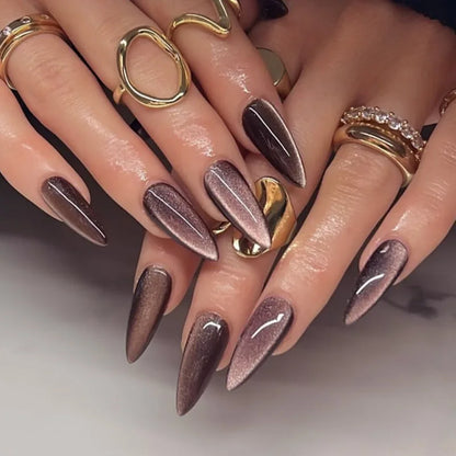 24pcs Pink Cat Eye Fake Nails with Black Dot Printed False Nails Full Cover Wearable Sweet Korean Almond Press On Nails Tips