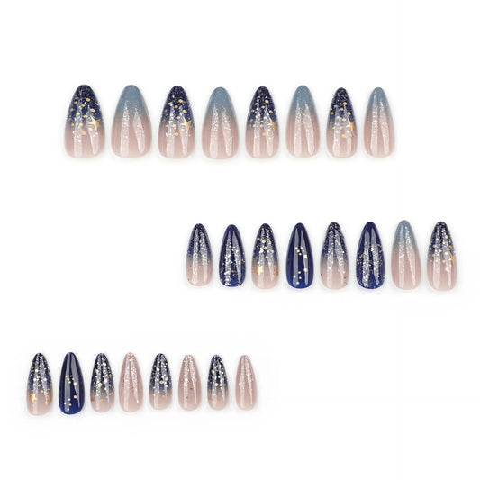24pcs Shiny Dark Blue Starry Sky Press On Nails Flash Gold Star French Style False Nails Sweet Cool Almond Artificiao Fake Nail