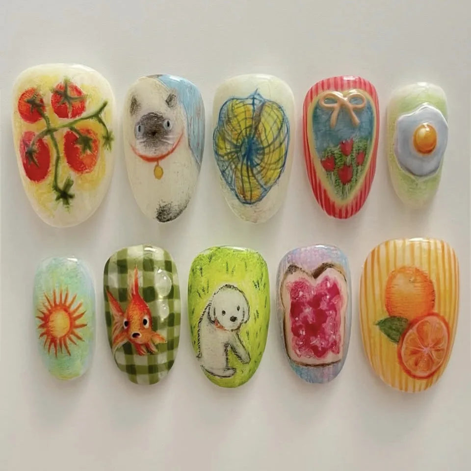 24pcs Cute Cartoon Press On Nails Little Fresh Colorful Oil Painting Style Fake Nails Kawaii Short Almond Fake Nail For Girls