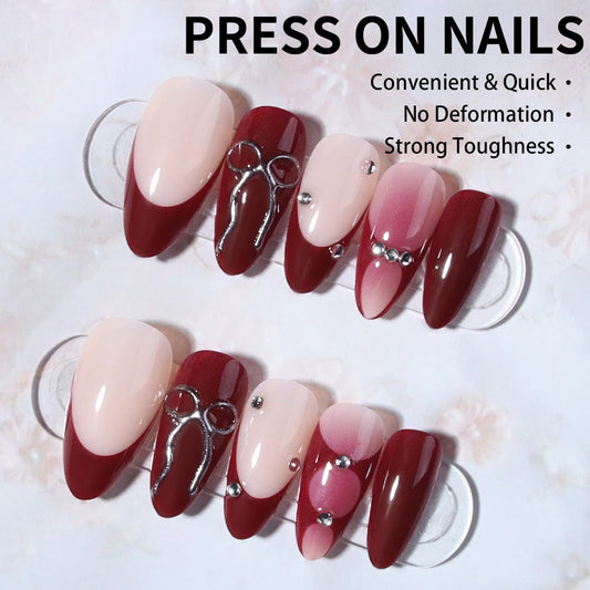 24Pcs 3d gelnails makes bow design red French tip Press on Nails almond design Fit Perfectly Acrylic False Nails set,Embellished