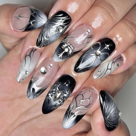 24Pcs Cute Ghost Fake Nails Long Almond Halloween Detachable Full Cover Nail Tips Press on Nails Finished Fingernails Nail Art