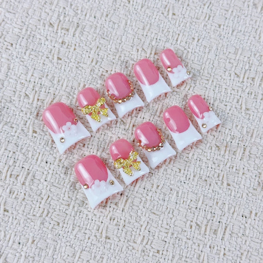 10pcs high-end Sweet girl style, hand-painted three-dimensional bow, flowers, glitter chain diamonds handmade fake nails