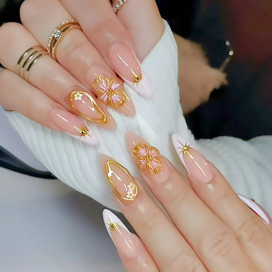 30pcs Red Flowers Printed Press on Nails French Almond Pink Blush False Nail Tips Wearable Reusable INS Fashion Fake Nails