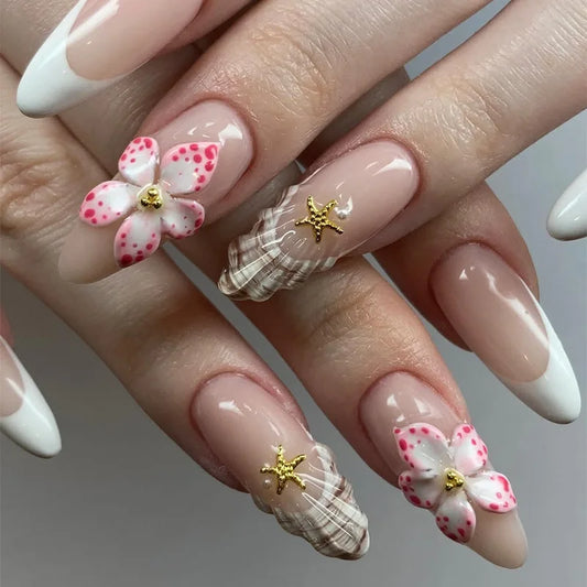 24Pcs Lace French Almond Press on Fake Nails 3D Silvery Bow Rhinestone False Nails with Pearl Detachable Manicure Nails Tips Art