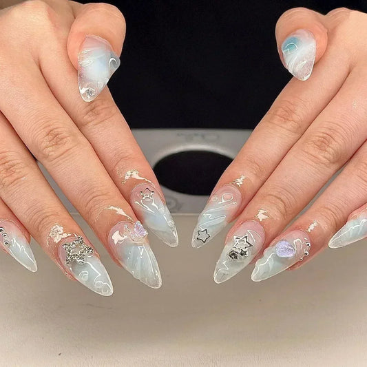 24pcs Almond Stiletto Glitter Pink French Press on Acrylic Nails with 3D Love Design Ballet Long False Nail Full Cover Nail Tips