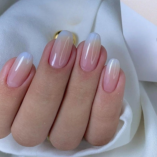 24Pcs Mid-length Oval Almond Artificial False Nails with Pink Brown Edge Wearing Nail Sticker French Simple Acrylic Manicure Art