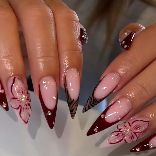 24pcs Long Stiletto Press on Nails Sets Finished Sweet Wine Red Almond Fake Nails Tips Rhinestone Flower French False Nail Art