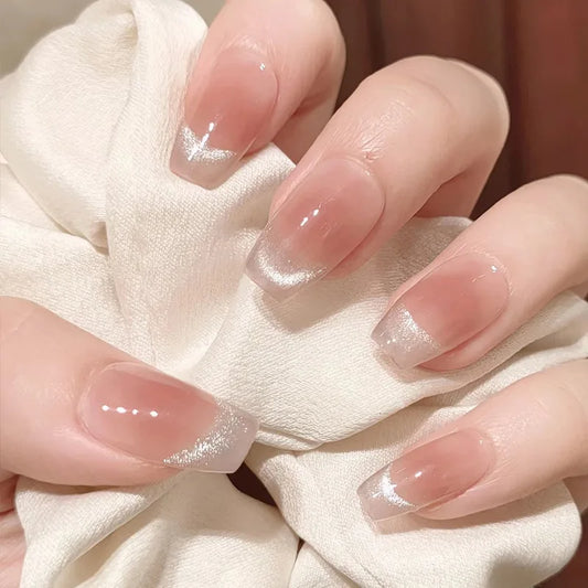 24pcs Finished False Nails Tips Blush Short Ballet Fake Nail Art Cat's Eye Press on Nails Reusable Simple Pink Coffin Manicure
