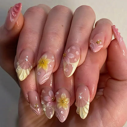 24Pcs Mid-length Almond Press on Fake Nails with Insect Flower Button Design Full Cover Nails Tips Reusable Finished False Nails