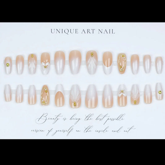 24pcs Korean Style Simple False Nails Gold Stripe Flower Printed Press On Nails White French Glossy Almond Summer Fake Nail