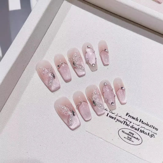 10Pcs Pink Ballerina Handmade Press on Nails with Shiny Butterfly Rhinestone French Silver Cat Eye Full Cover Nail Manicure Tips