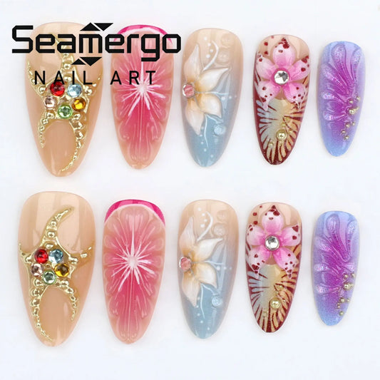 24PCS 3D Shell Flowers False Nails Sweet Pink Blush with Diamonds French Press on Nails Spice Girls Full Cover Wearable Manicure