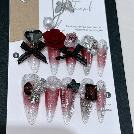 10Pcs Long Y2K Almond Handmade Press on Nails with Glue Sweet Cool Nail Art Metal Diamond Full Cover Wearable Nail Manicure Tips