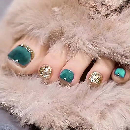 24Pcs Short Square Head False Nail with Green Cat's Eye Full Cover Toenails Tips Glitter Detachable Finished Press on Fake Nails