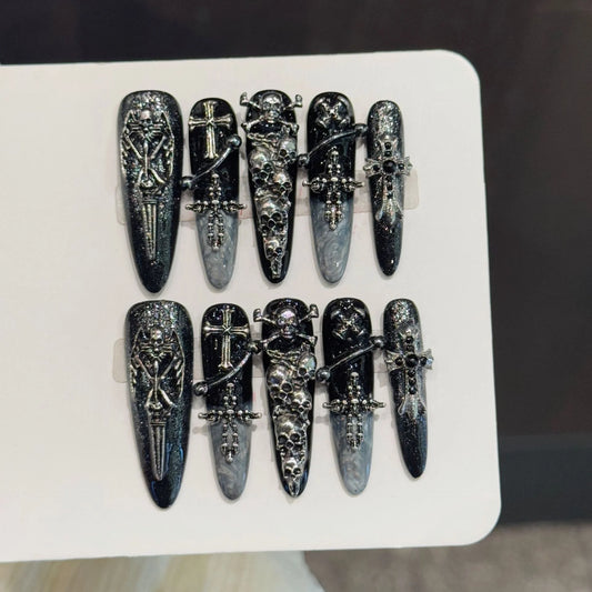 10PCS Stiletto Handmade Press On Nails,Skeleton Cross Heavy Metal Niche Punk,Suitable For Festivals Parties And Daily Wear