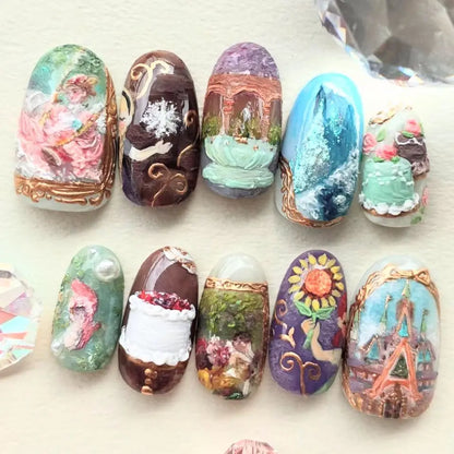 24Pcs Mid-length Almond Press on Fake Nails with Insect Flower Button Design Full Cover Nails Tips Reusable Finished False Nails